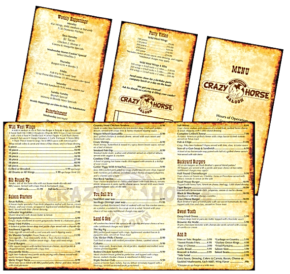 Crazy Horse Saloon menu, folded with food and drink options. Rustic, aged paper design.