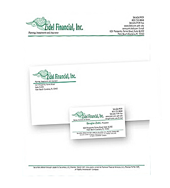 Stationery set: Zidel Financial, Inc. letterhead, envelope, and business card. Green logo.