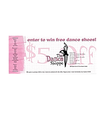 Pink and white coupon for The Dance Shoppe, offering $5 off with an entry to win free dance shoes.
