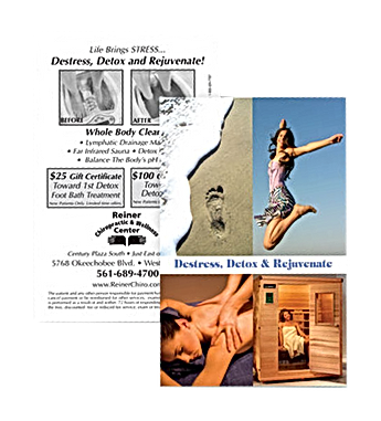 Advertisement with text and images for wellness services, including detox and massage.