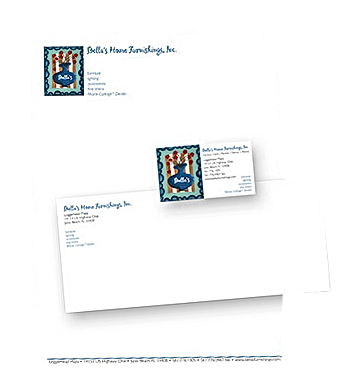 Letterhead and business card from Bella's Home Furnishings, Inc. with a blue and beige floral design.