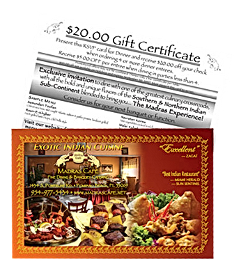 Gift certificate for Madras Cafe, offering discounts. Includes restaurant exterior and food images.