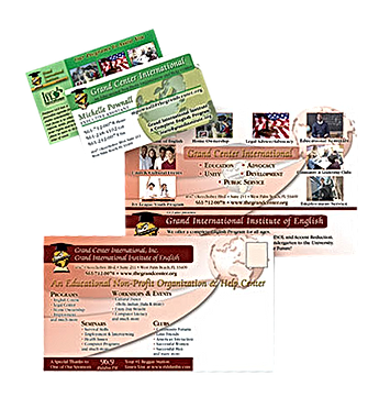 Business cards for Grand Center International Institute of English with logo and contact information.