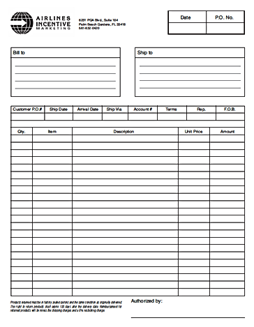 Airlines Incentive Marketing. Includes sections for billing, shipping, and itemized details.