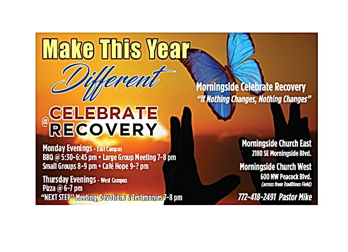 Advertisement for Celebrate Recovery at Morningside Church East and West. Features butterfly, hands, sunset.
