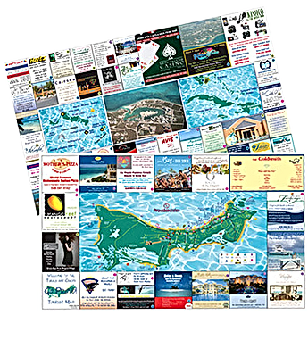 Collage of maps and business cards, mostly blue and green, of a tropical island.