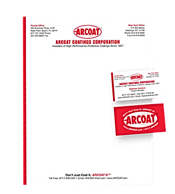 Letterhead and business card from ARCOAT Coatings Corporation, with a red and white logo and contact information.