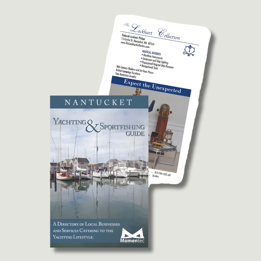 Nantucket Yachting & Sportfishing Guide cover with harbor scene, and a paper with text above it.