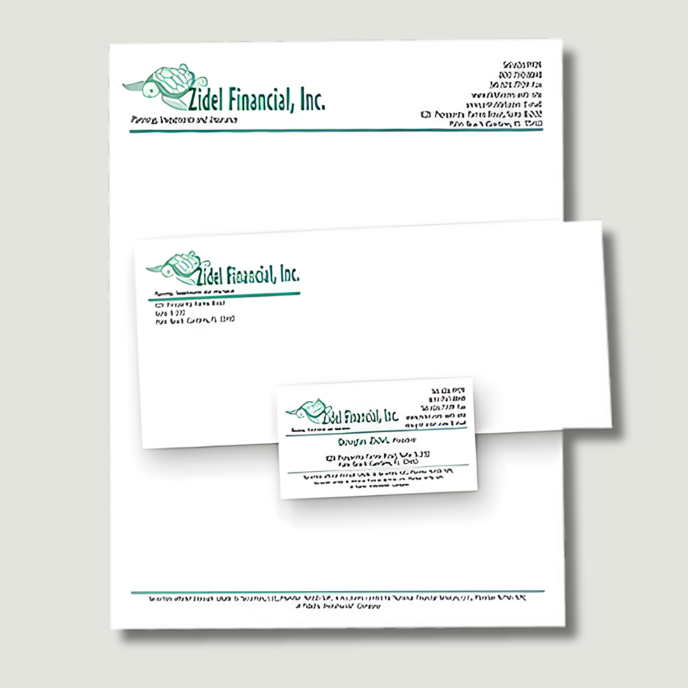 Stationery set: Zidel Financial, Inc. letterhead, envelope, and business card. Green logo.