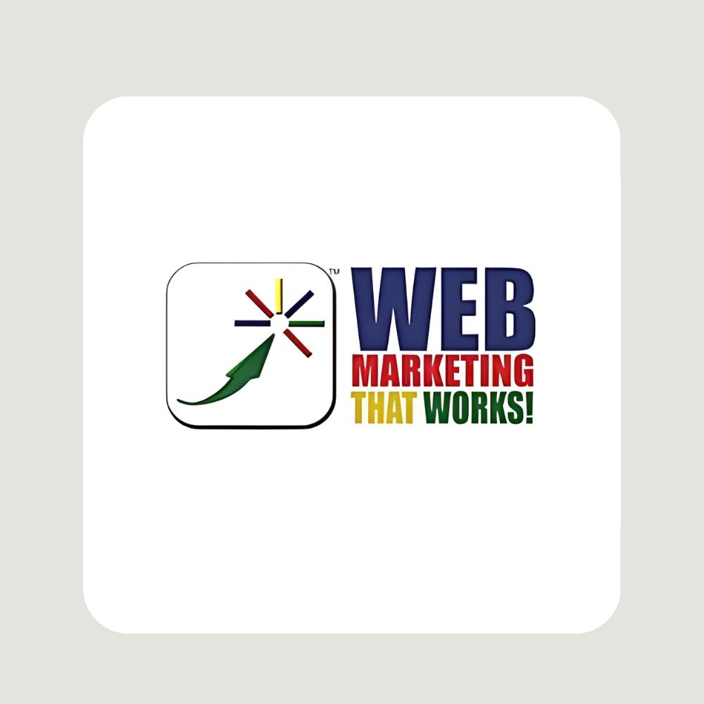 Logo for Web Marketing, white box with multi-colored starburst and green arrow; text 