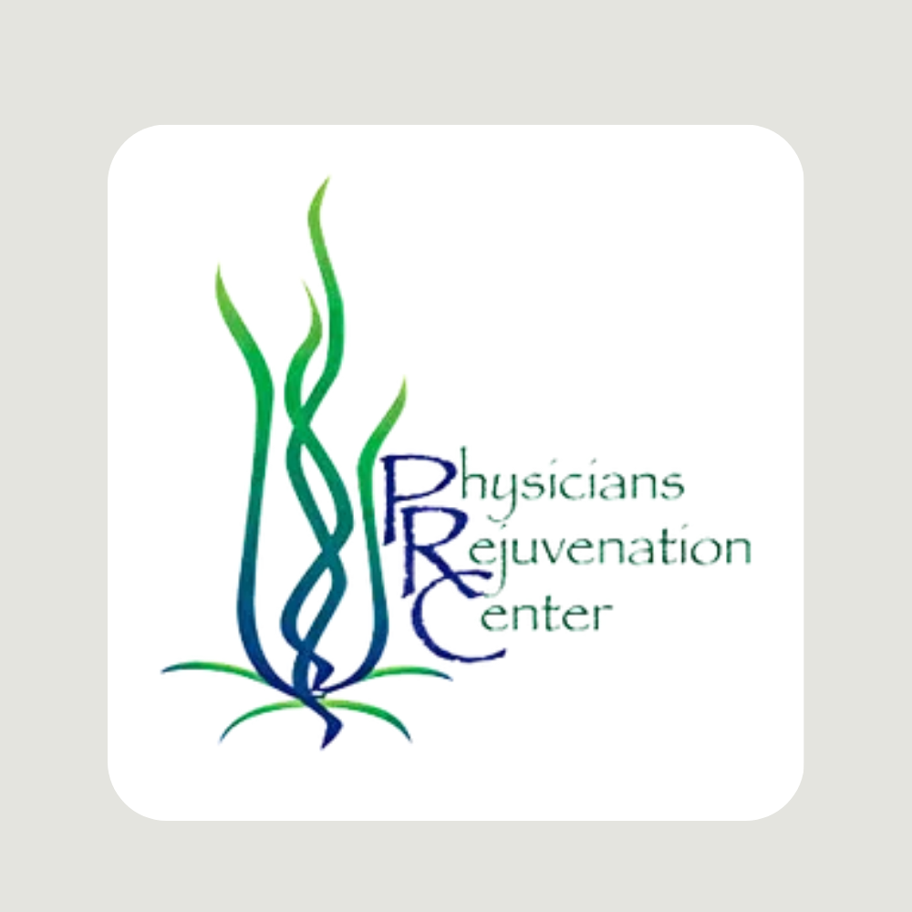 Logo for Physicians Rejuvenation Center: Green and blue abstract plant shape next to the center's name in teal.