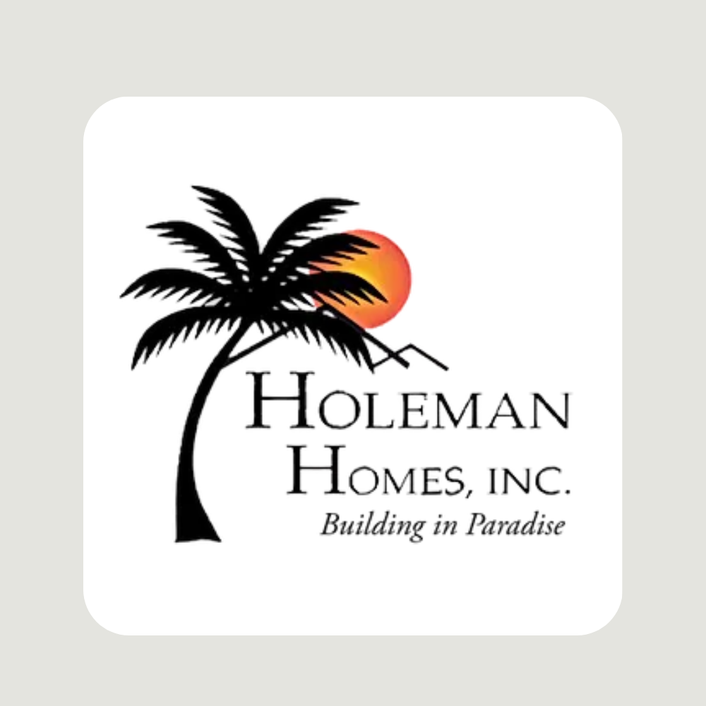 Logo for Holeman Homes, Inc. with a silhouetted palm tree, sun, and text 