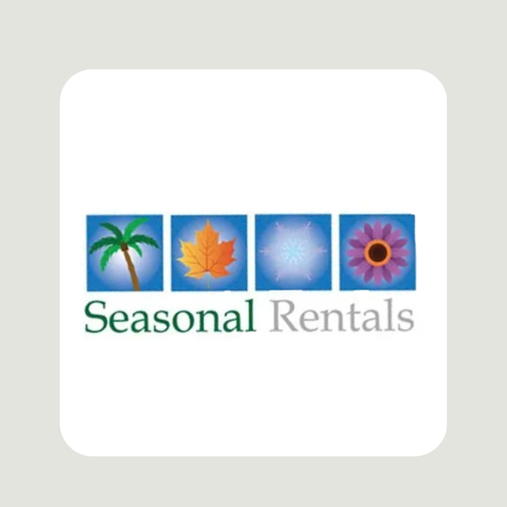 Logo for Seasonal Rentals: four squares, each with a season icon: palm tree, leaf, snowflake, flower.