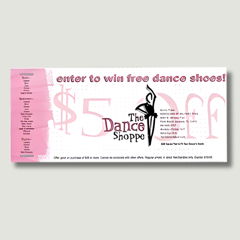 Pink and white coupon for The Dance Shoppe, offering $5 off with an entry to win free dance shoes.