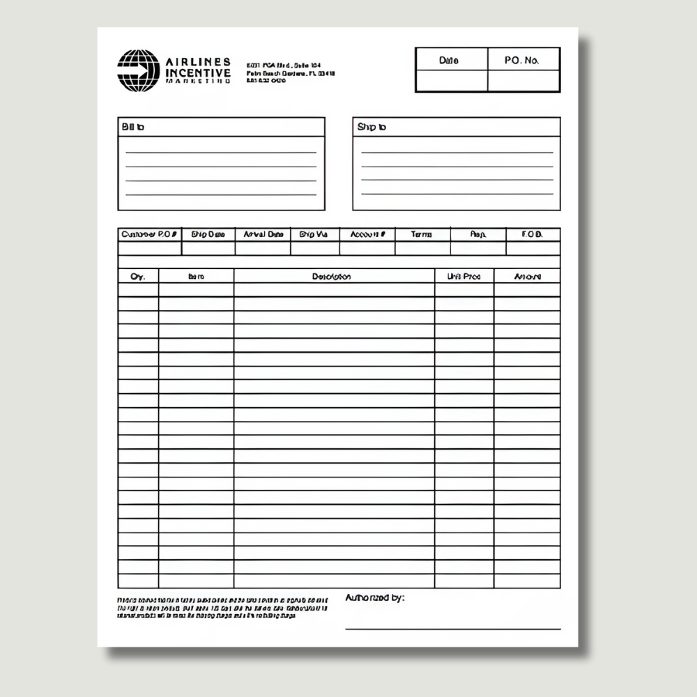 Airlines Incentive Marketing. Includes sections for billing, shipping, and itemized details.