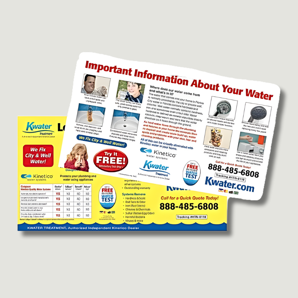 Kwater water treatment advertisement. Shows flyer with photos, text, and phone number.