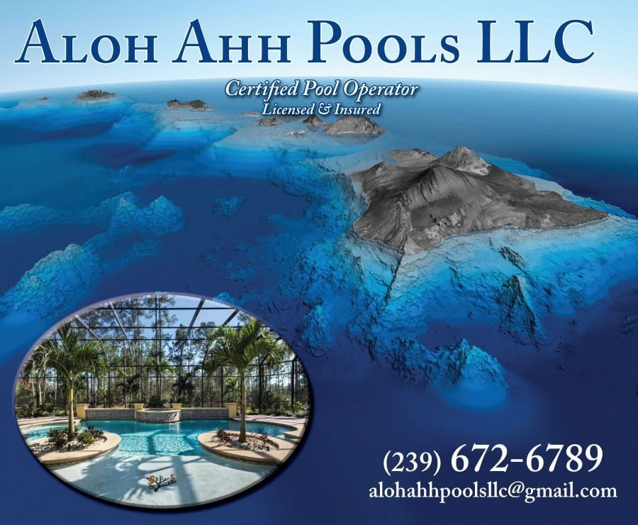 Aloha Ann Pools LLC logo with a pool photo inset and contact info on a blue ocean background.