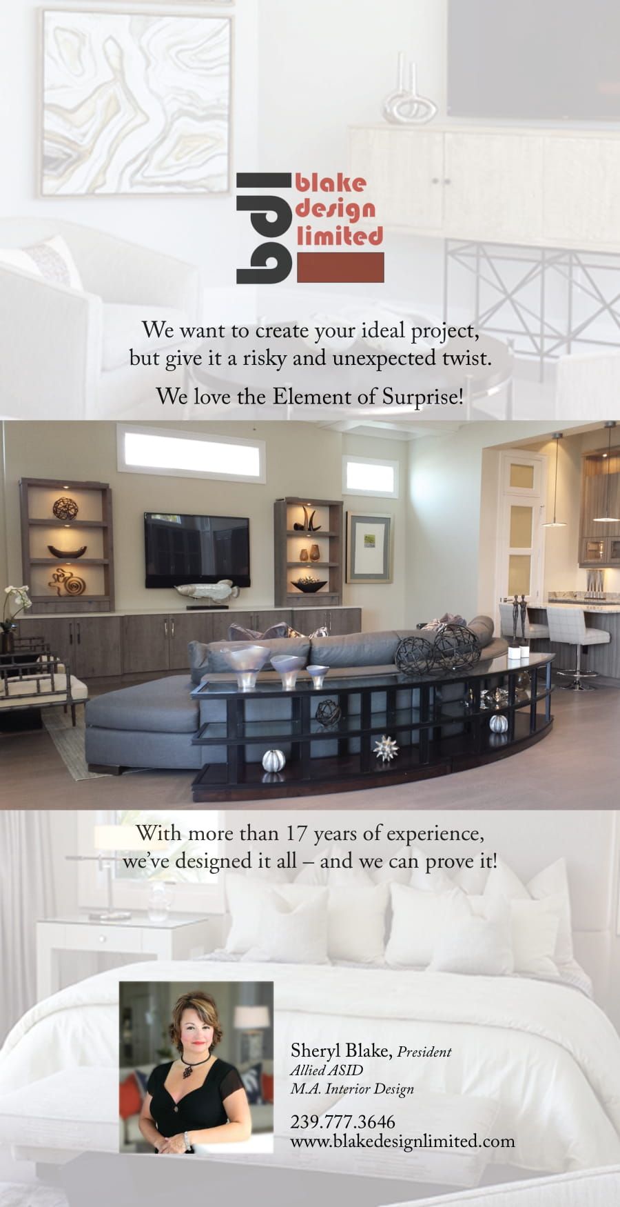 Interior design advertisement featuring a modern living room and a bedroom. Includes company logo and contact details.