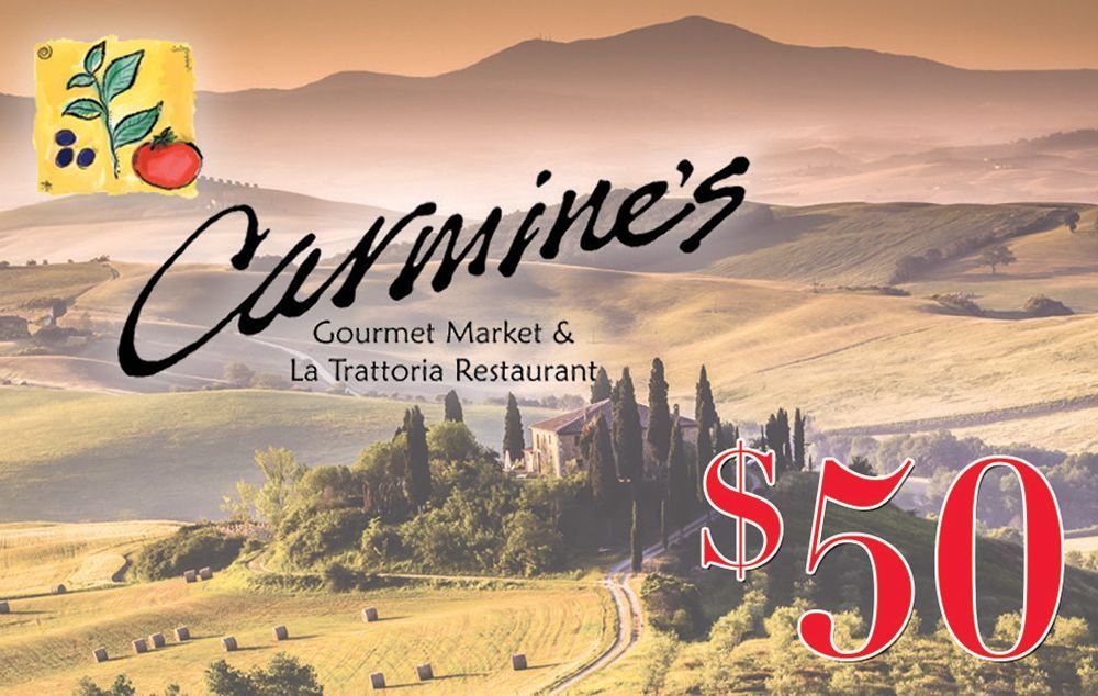 Carmine's gift card, $50, against a Tuscan landscape with rolling hills, a villa, and a logo with a tomato.
