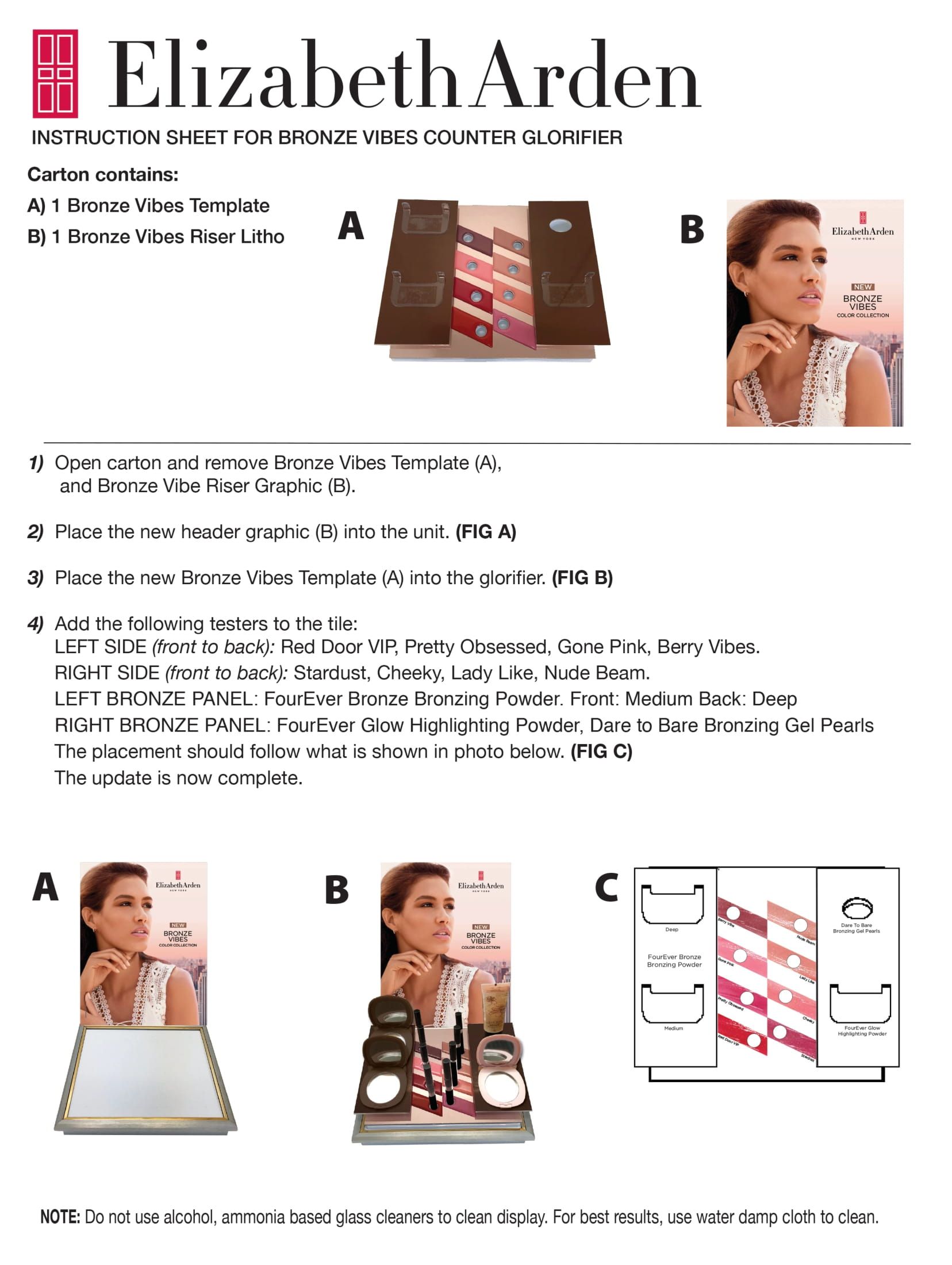 Elizabeth Arden makeup display with model; lipstick shades and product instructions.