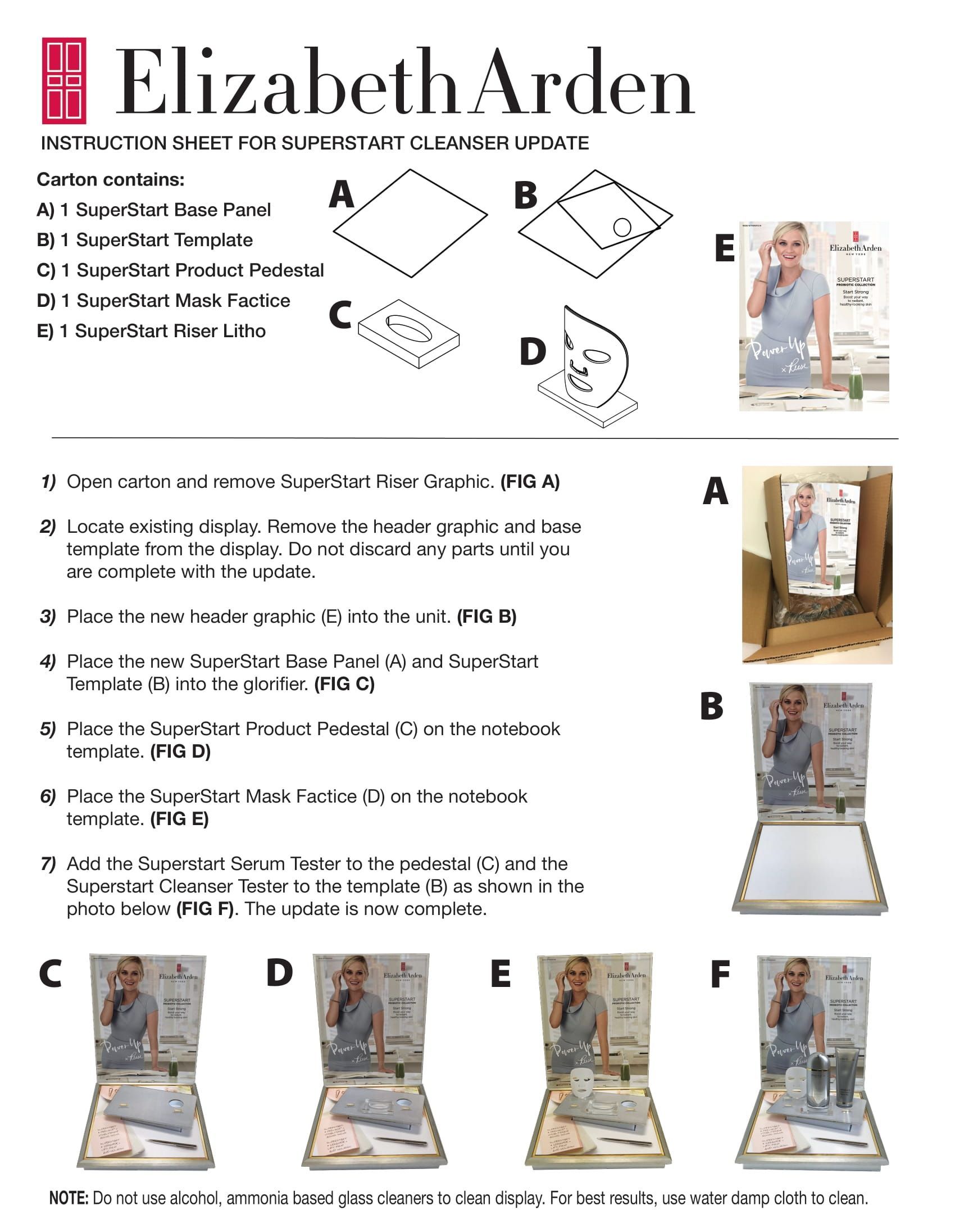 Elizabeth Arden display instructions: Steps A-F show a product demonstration.