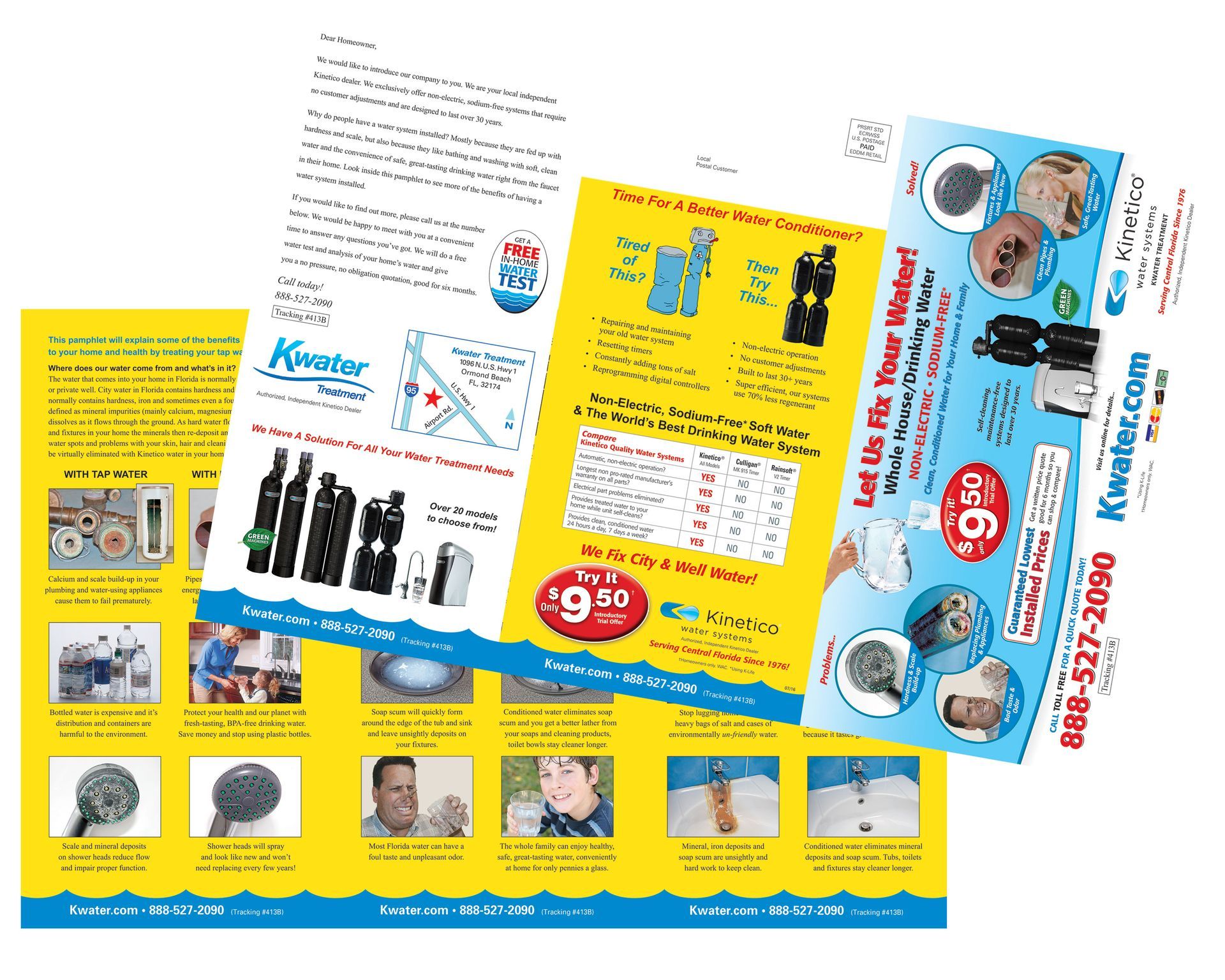 Brochure promoting water filtration systems, yellow and blue, with product photos and contact info.