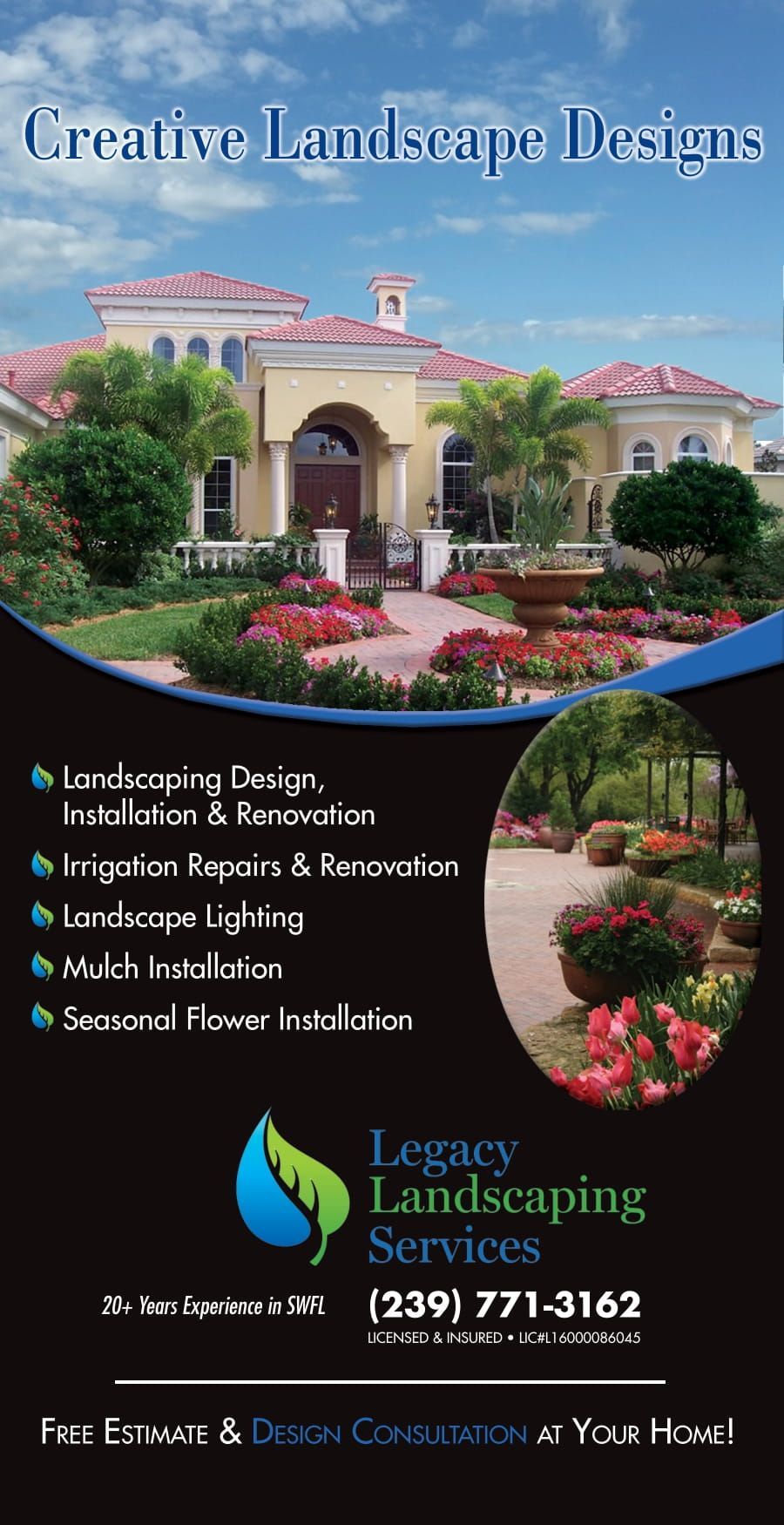 Landscape design advertisement: a house with a garden, services listed.