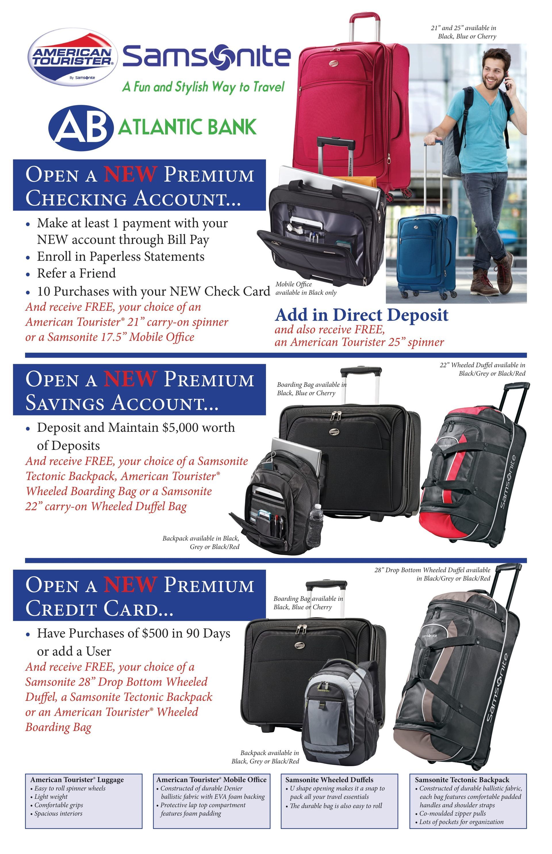 Advertisement for Atlantic Bank offering Samsonite luggage as a promotion for opening premium accounts.