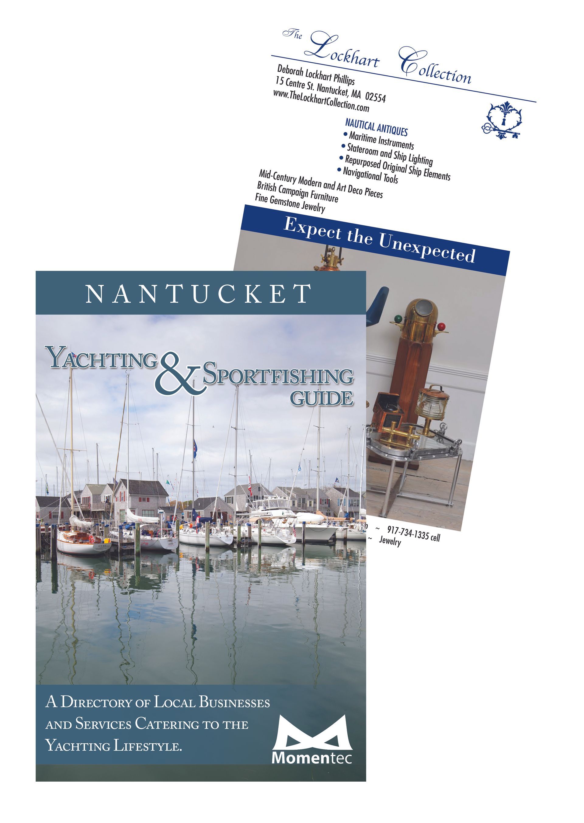 Nantucket Yachting & Sportfishing Guide cover with harbor scene, and a paper with text above it.