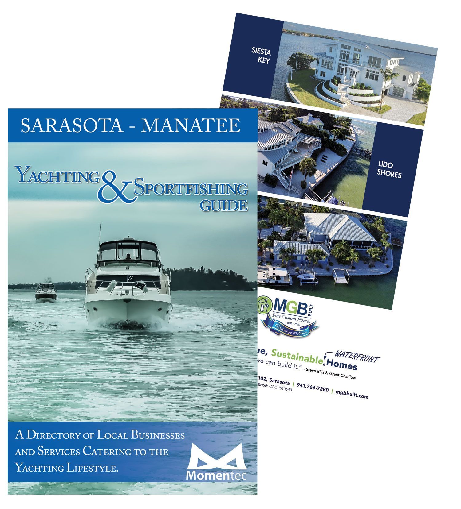 Sarasota-Manatee Yachting & Sportfishing Guide. Brochure with boat on water, other brochure with building photos.