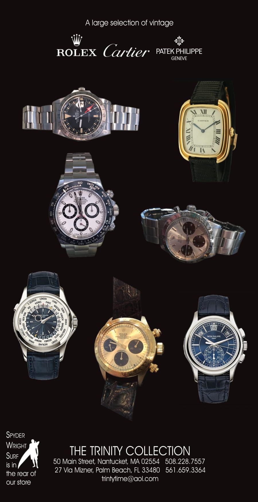 Luxury watch ad featuring Rolex and Cartier watches.