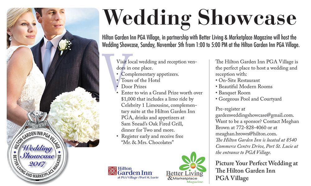 Wedding showcase ad: Couple, Hilton Garden Inn in PGA Village, November 5th.
