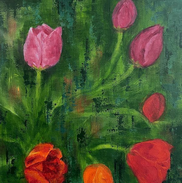 Redbox original painting of bunch of tulips