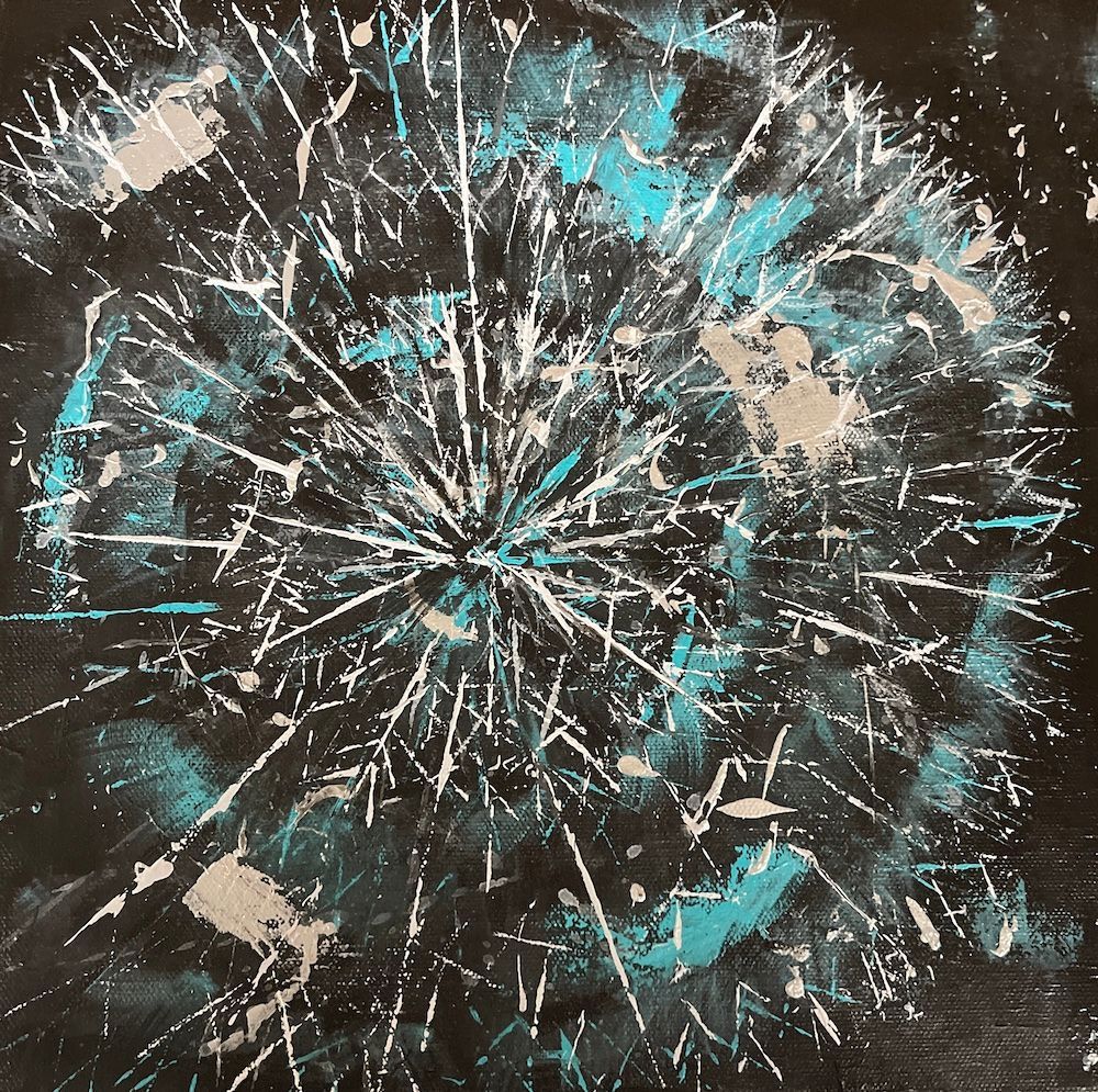 Red Box painting of dandelion gone to seed at night