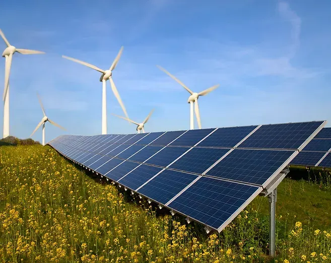 A field with solar panels and wind turbines in the background