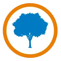 A blue tree in an orange circle on a white background.