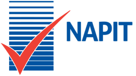 A blue and white logo for napit with a red check mark