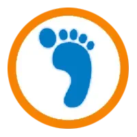 A blue footprint in an orange circle on a white background.