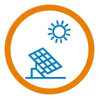 An icon of a solar panel and a sun in an orange circle.