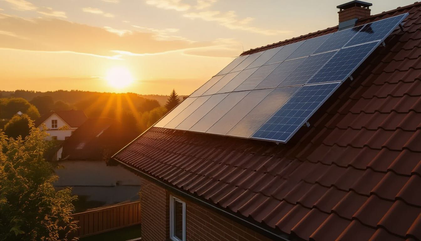 Solar panels on a red-tiled roof against a sunset.