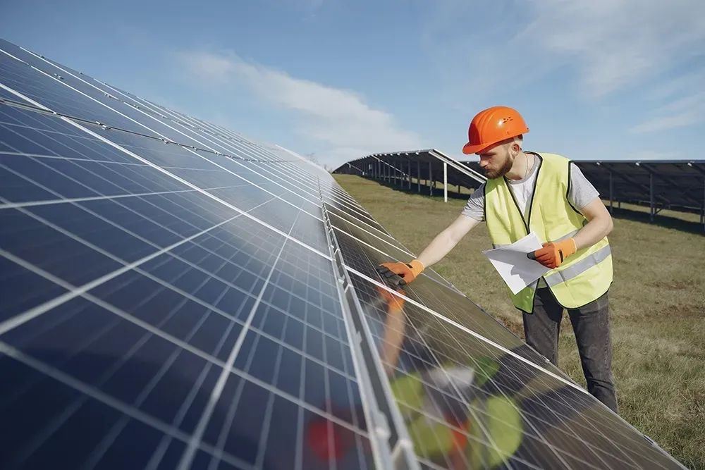 A man is working on a solar panel in a field.