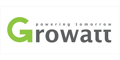 The logo for growatt is green and gray and says powering tomorrow.