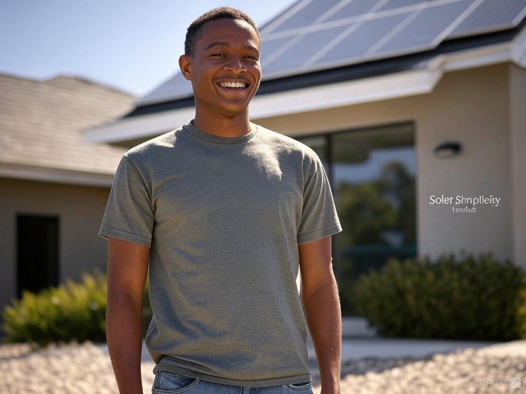 A man is standing in front of a house with solar panels on the roof.