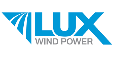 The lux wind power logo is blue and white