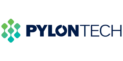 The logo for pylontech is a blue and green logo with a geometric design.