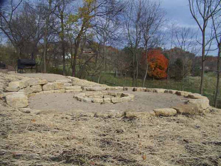 A fire pit in the middle of a field with trees in the background