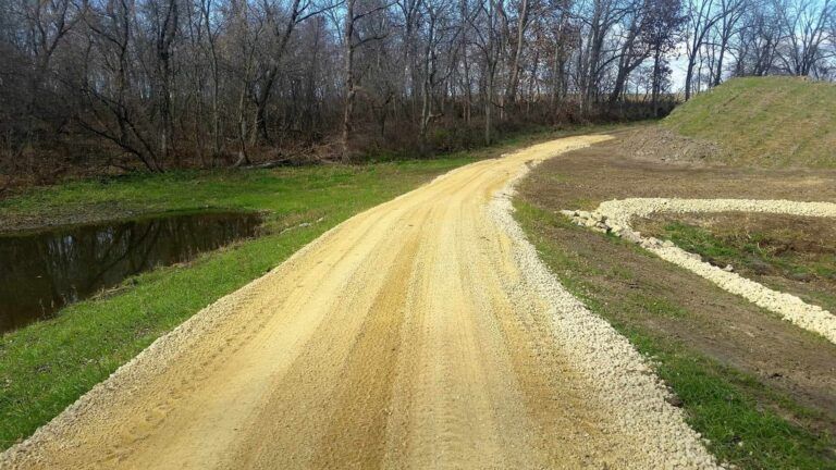 A dirt road going through a grassy area next to a body of water.