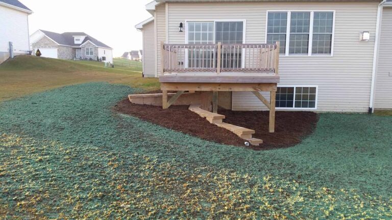 A house with a deck and stairs in the backyard