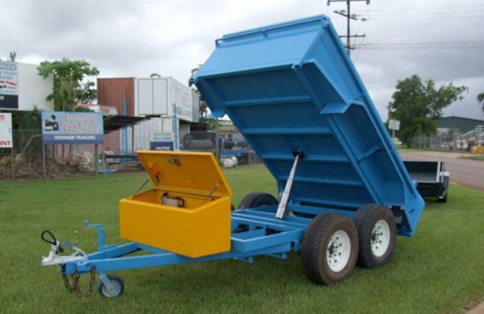 Blue Trailer with Elevated Hydraulic Support — Voyager Trailers in Yarrawonga, NT