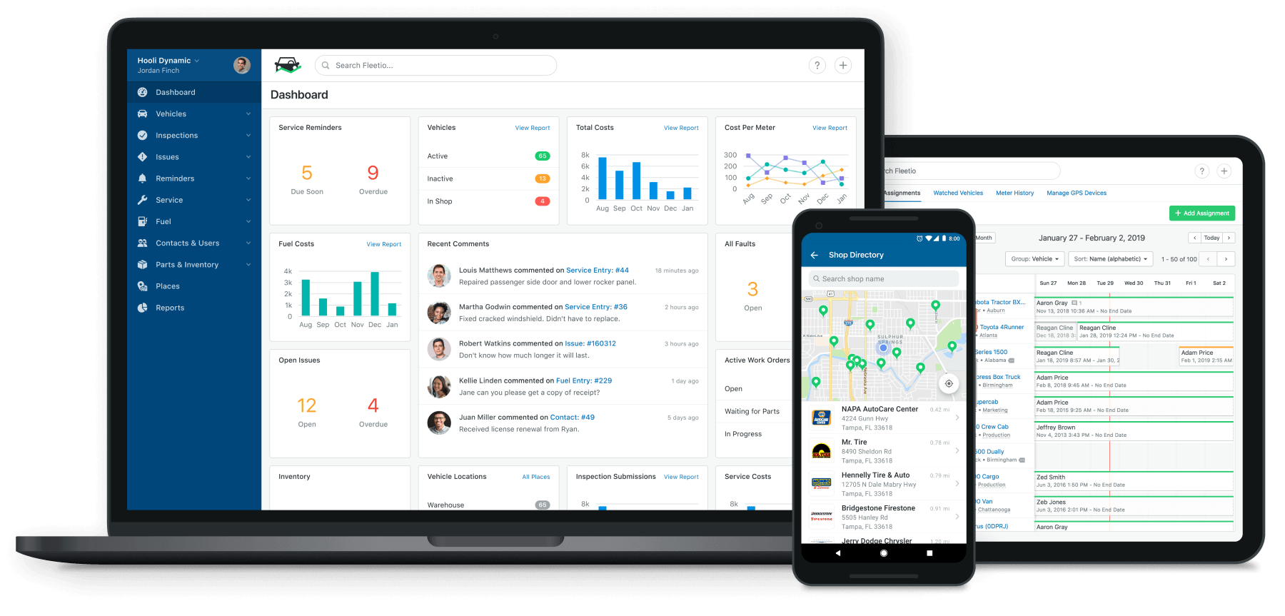 Laptop, smartphone, and tablet displaying a business analytics dashboard with charts and maps | Adaptive Fleet Management